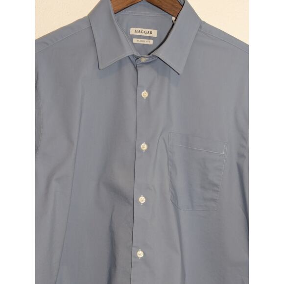 Haggar Shirt Men's Size 17-17.5 Solid Blue Long Sleeve Button Up Cotton Blend - Picture 2 of 7